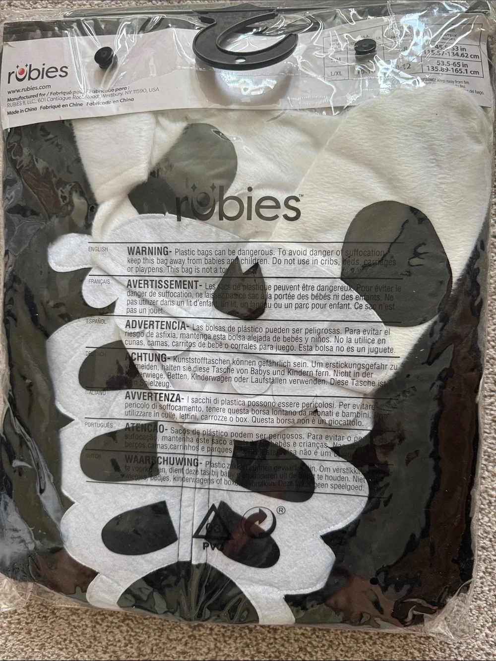 Rubie's Black Skeleton hooded Jumpsuit Costume with White Bone Print Lg|XL